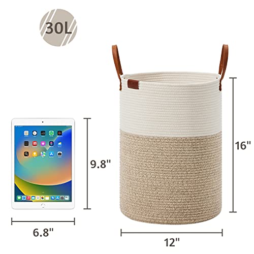 Viposco Small Laundry Basket, Slim Baby Hamper With Leather Handle, Cute Woven Rope Storage Basket For Blanket, Kids Toy, Clothes In Living Room, Bathroom, Bedroom, Nursery Room - 30L White & Brown #TOP4