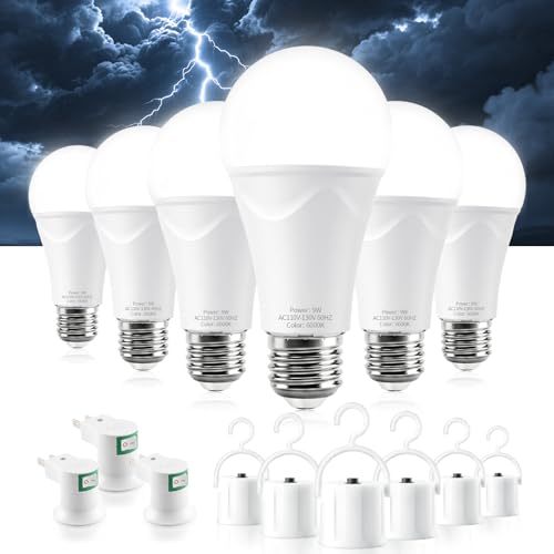 Brightever 6 Packs Rechargeable Emergency Light Bulbs Battery Operated Light Bulb for Power Outage 6000K Daylight White 120V 9W 60W Equivalent 1200mAh Rechargeable LED Bulb for Camping Hurricane