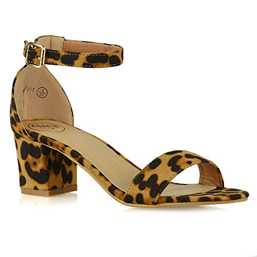 ESSEX GLAM Mid Low Block Heel Ankle Strap Synthetic Strappy Sandal Shoes