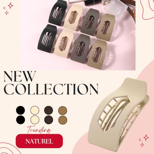 Image of 8 Pack Neutral Matte Flat Hair Clips for Women - Large No-Slip Rectangle Claw Clips Thick & Thin Hair, Strong Hold Square Hair Accessories