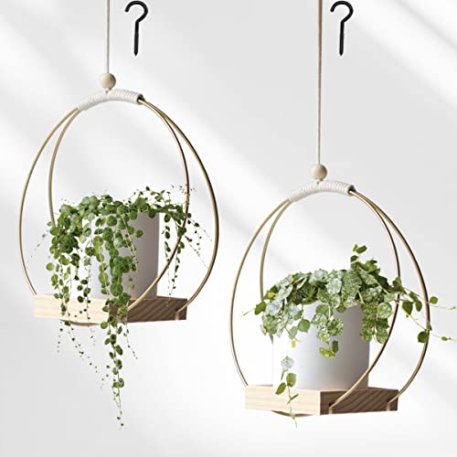 Dravmola Macrame Plant Hangers With Wood Base -2 Pack Boho Hanging Plant Holder For Indoor Plants Hanging Planters For Wall/Window/Room Decor Gold (Pot & Plant Not Included) #TOP20
