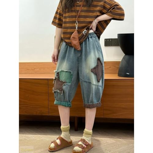 Vintage Color Blocked Five Pointed Star Patch Embroidered Blue Five Pointed Pants Summer Stretch Waist Jeans4