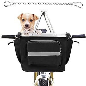 MATTISAM Quick Release Bike Basket with Dog Seat Belt Phone Pouch Foldable Bicycle Basket Handlebar Bag Pet Small Animal Rabbit Cat Dog Carrier for Travel Shopping