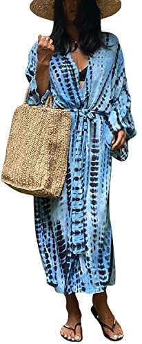 Damen Strand Cover Ups Open Front Tie Dye Maxi Cardigan Kimono Badeanzug mit Gürtel, B 3, Einheitsgröße