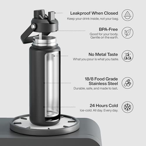Image of ENCOOL Insulated Water Bottle with Straw Stainless Steel Water Bottle, Leak-Proof, BPA-Free, Double Wall Vacuum Keeps Cold for 24 Hours for Sports, Travel, School (32 oz, Black Night)