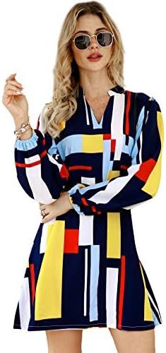 Floerns Women's 70s Disco Lantern Long Sleeve Geometric Fall Shift Dress 60s Outfits A Multi S