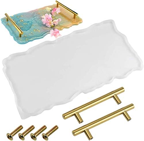 Pinsheng Silicone Resin Tray Mould with 2 Pcs Gold Handles, Resin Epoxy Mold for Tray for Making Faux Agate Tray, Serving Board, DIY Crafts Home Office Decor