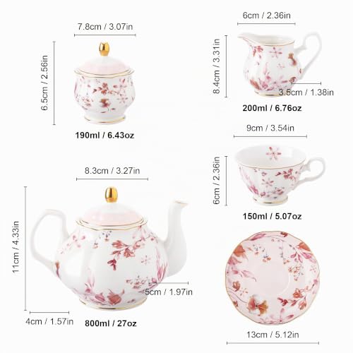Miniatura 6 de Fanquare Juego De Té De Porcelana Británica De 21 Piezas Con Borde Dorado, Hojas De Otoño Rosas Juego De Café Floral Para Mujeres Fiesta De Té, 6 Tazas De Té Y Platillos Para Café Boda En Casa