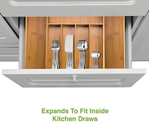 Andrew James Extendable Bamboo Cutlery Tray Organiser | 7 Extra Wide Compartments | Solid Hardwearing Bamboo Construction | 37cm to 58.5cm | Ideal Kitchen Utensil and Cutlery Storage