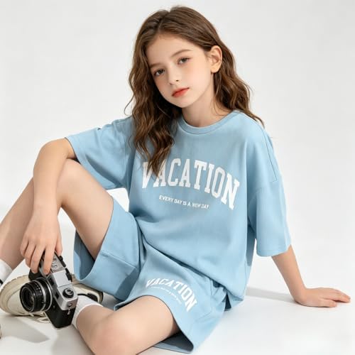Image of Size 6-12 Years Girl's Tracksuit Sets 2 Piece Outfits Letter Print Vacation Tee Top and Drawstring Waist Shorts