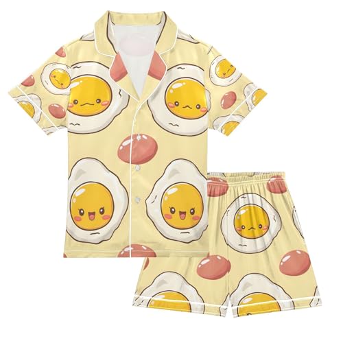 senya Cute Fried Egg Satin Summer Pajama Sets Silk Short Sleeve Button Down Sleepwear