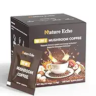 Nature Echo 10 in 1 Mushroom Coffee with Ashwagandha, Adaptogenic 10 Mushrooms with Lion’s Mane, Reishi, Cordyceps & More, Low Caffeine Instant Coffee Powder for Focus, Energy, Immune & Gut Support - Sugar Free (12 Sachets)