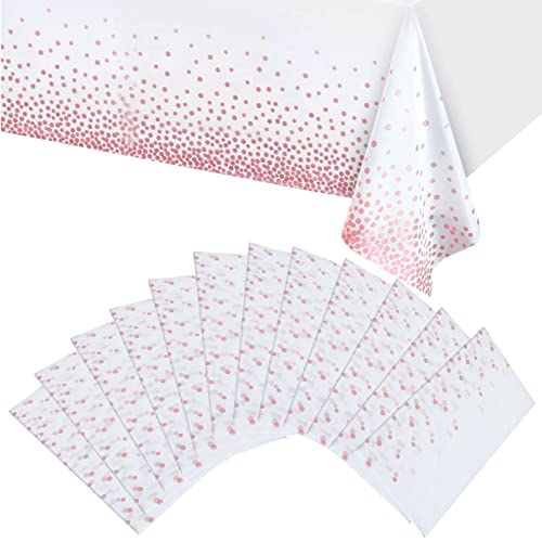 YAYODS Lot de 12 nappes rectangulaires jetables en plastique, 137,2 x 274,3 cm, blanc et or rose à pois pour fêtes, mariages, anniversaires, Noël, nappe pour intérieur ou extérieur Cover