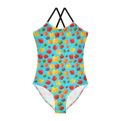 senya Girls Swimsuits One-Piece Swimwear Tie Bathing Suit Beach Summer Round Neck 7-8T Colorful Pepper Pattern