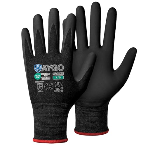 KAYGO Safety Work Gloves MicroFoam Nitrile Coated 3 Pairs, KG18N, Seamless Knit Nylon Glove with Abrasion and Oil Resistant Grip, Ideal for General Purpose, Automotive, DIY (Small, Black)