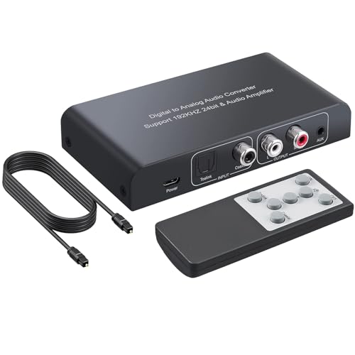 PROZOR DAC Converter with Remote Control, 192KHz Digital to Analog Audio Converter, Optical/Coaxial to RCA and 3.5mm AUX, Volume Adjustable, Includes Optical Cable for TV, Blu-ray, PS4