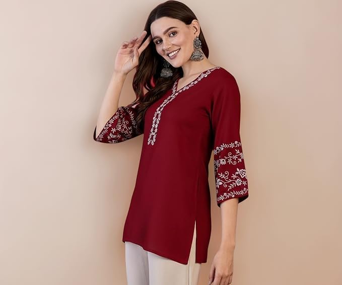 Image of MAHIRA'S Comfort Women's Short Kurti, Rayon Tunic Top with 3 /4 Embroidered Designer Sleeves | Soft Breathable Fabric | Office & Casual Kurti for Jeans, Leggings & Trousers