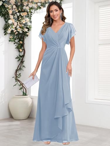 Long Mother of The Bride Dresses for Women Wedding Chiffon Ruffles Beaded V-Neck Formal Evening Dress3