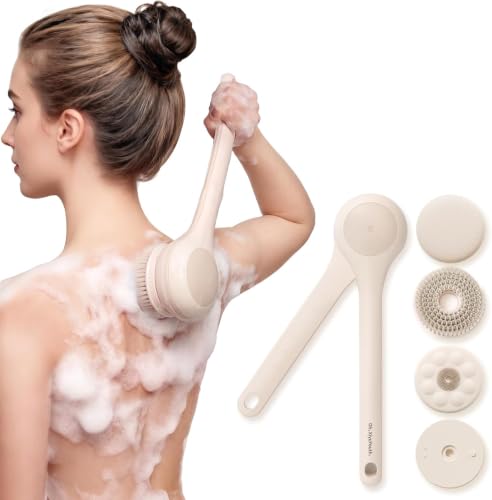 Image of Electric Body Brush, Back Scrubber for Shower with Long Dual Handle, Waterproof Power Shower Brush with 3 Interchangeable Heads & 2 Speeds for Cleansing, Exfoliating and Massage, Nude Pink