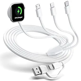 Multi Charging Cable 4 in 2 for Apple Watch Charger i-Phone, Travel 4 in 2 Watch & Phone Charger with iOSPorts/Type C/Micro USB Port Compatible with iWatch/iPhone 16 15/Galaxy Android-6FT