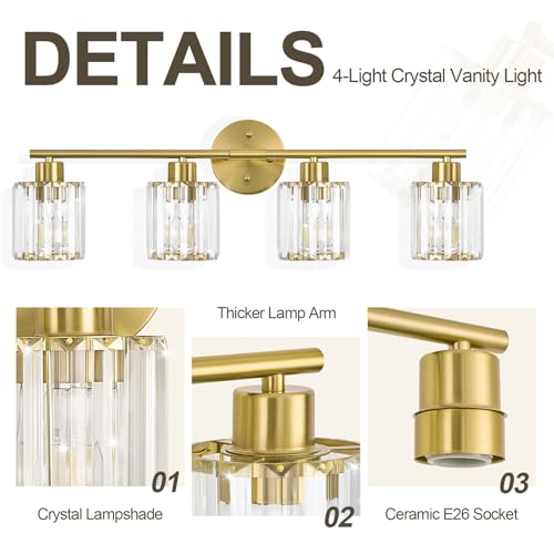 Image of Modern Gold Crystal Bathroom Light Fixtures,4-Light | Bathroom Lighting Fixtures over Mirror,Vanity Lights for Mirror, Restroom(Ceramic E26 Socket,Bulbs Not Include)