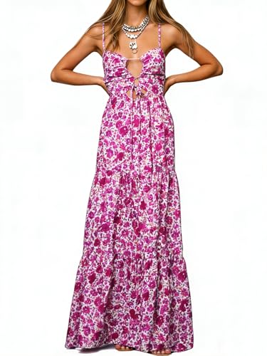 Image of Womens Summer Floral Spaghetti Strap Backless Low Cut Smocked Milkmaid Flowy Beach Sundresses