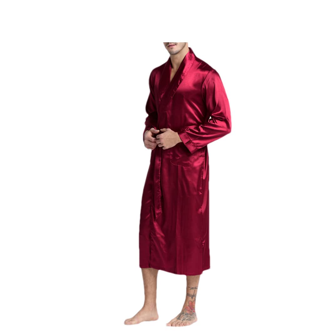 Disimlarl Bata de satén de seda para hombre, pijama largo y sólido, camisón de seda para hombre, kimono para ropa de dormir, vestido de vino tinto,, Vino Tinto, XXL