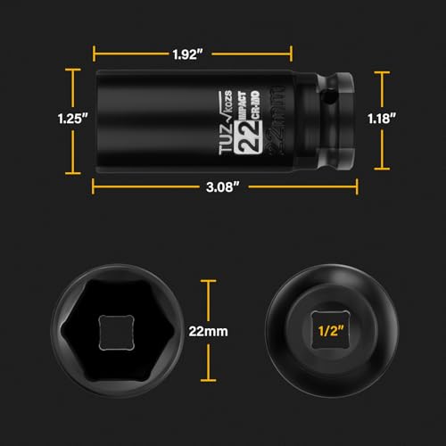 Image of 1 /2 Inch Drive 22mm Deep Metric Impact Socket,CR-MO,6 Point Radius Corner Design,Square Chamfered Opening,Axle Nut Impact Grade Socket for Easy Removal