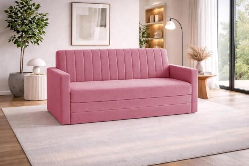 Image of Rosebell Foldable Sofa-Cums-Bed | 3-in-One Convertible Couch with Armrest | Modern Fabric Sofa for Living Room, Bedroom & Office-Rose Pink-Color