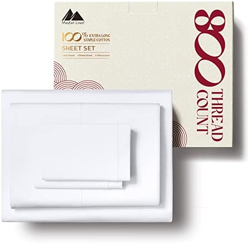 Mayfair Linen 800-Thread-Count 100% Pure Cotton Sheets - Hotel Style Egyptian Feel White King Size Bed Sheets, Long Staple Cotton, Sateen Weave for Soft Feel, Fits Mattress Upto 18'' DEEP Pocket