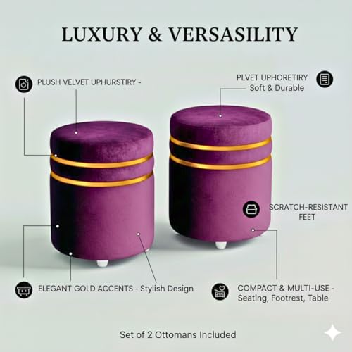 Image of Decorative Ottoman Pouffes for Sitting - Two-Piece Set of Puffy Stools and Footstools - Round Ottoman Stool for Living Room Furniture (Purple)