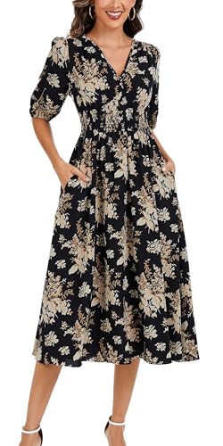 Image of Kormei Women Casual Boho V Neck 3 /4 Sleeve Smocked Waist A Line Flowy Swing Midi Dress Smocked Long Dress