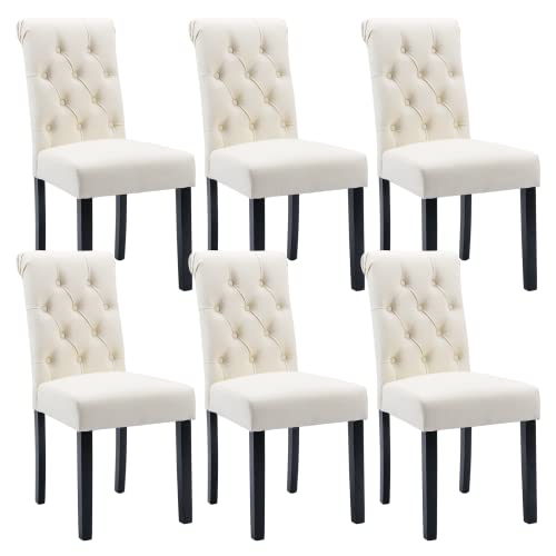 Janoray PU Leather Upholstered Dining Chairs Set of 6 Tufted Solid Wood High Back Parsons Chairs Armless Side Chairs for Kitchen and Dining Room, Cream