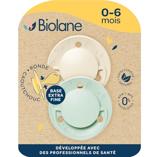 BIOLANE - Tétines rondes - Sucettes extra-fines - 0 à 6 mois - Vert et Beige - Téterelle en caoutchouc naturel - Respect du développement bucco-dentaire -...