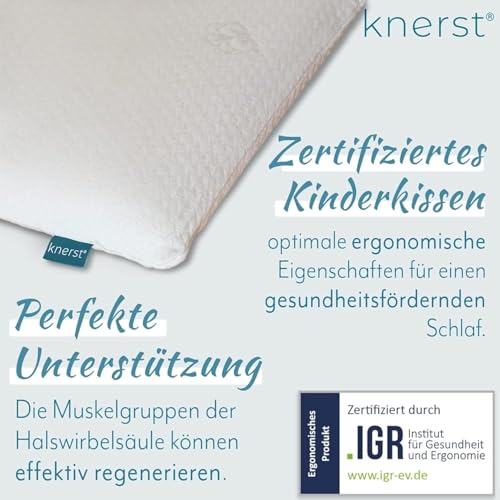 KNERST® Kinderkopfkissen - Ergonomisches Kissen Kinderzimmer mit Memory-Schaum - Kissen 25x50x6 cm ideal als Kinderkissen - Kopfkissen 25x50 für erholsamen Schlaf inkl. Kissenbezug - für Kinder