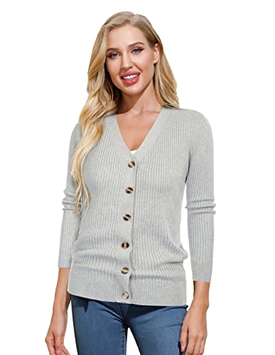 Women Long Sleeve Button Down Ribbed Cardigan Classic Solid Color Fit (Lrib-Light Grey Heather) #TOP4