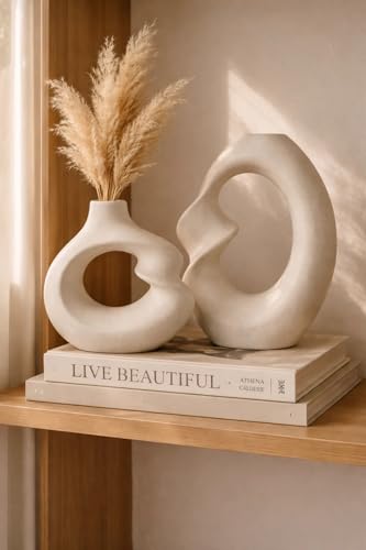 Image of SPHINX Ceramic Vase - Asymmetric Donut Vase Set Hollow Design (8.5 and 6 Inch) | Modern Decorative Flower Pot for Pampas Grass, Dried Flowers, Home, Living Room & Office Decor