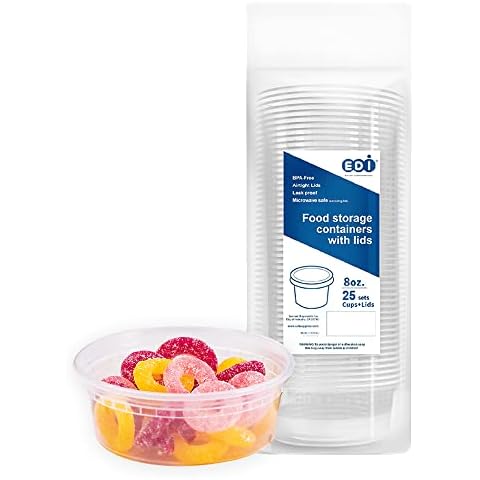 EDI [8 OZ, 25 Sets] Plastic Deli Food Storage Containers with Airtight Lids | Microwave-, Freezer-, Dishwasher-Safe | BPA Free | Heavy-Duty | Meal Prep | Leakproof | Recyclable Cover