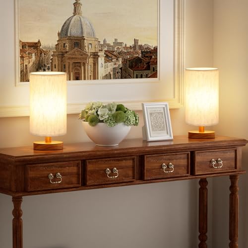 Image of Fenmzee Small Lamps Set of 2 - Inline Control, Bedside Table Lamp for Bedroom with 3000K A15 LED Blub, Easy Assembly (Cream Shade - Walnut Base Set of 2, 9 inch Inline Control)
