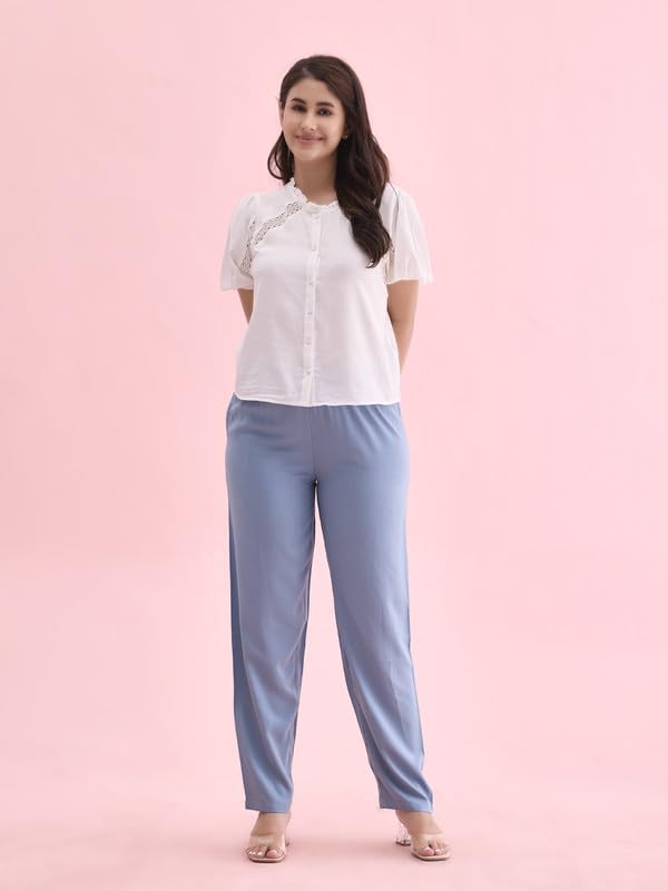 Image of GO COLORS Women Solid Mid Rise Relaxed Fit Viscose Casual Pants