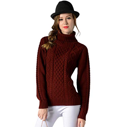 Ketamyy Femme Pull en Maille Polo Col Roulé Tricot de Câble Couleur Unie Manche Longue Casual Ample Epais Doux Hiver Pullover Sweat Tops Bordeaux S Cover