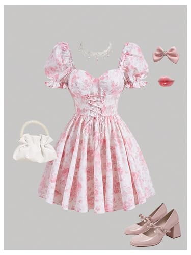 Floerns Girl's Floral Lace Up Short Corset Dresses Sweetheart Neck Puff Sleeve Flare Dress4