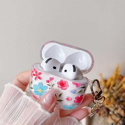Image of MINSCOSE for AirPods 4 Clear Case,Cute Floral Leaves Pattern Design with Girly Flower Keychain,Soft Silicone Protective Shockproof Cover with Cleaner Kit for Girls Women for Airpod 4-Blue