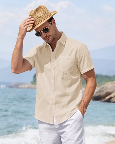 Image of J.VER Mens Linen Shirt Short Sleeve Button Down Casual Summer Shirts | Cotton Linen, Untucked, Big Tall, from Beach Camp Vacation, Cruise Fishing, Work Office, to Wedding Party Family, with Pocket