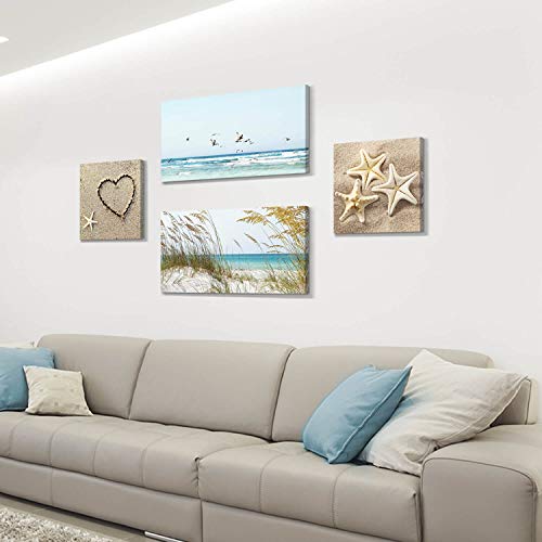 Coastal Wall Art Seascape Artwork: Sea Grass And Starfish On Beach Canvas Painting For Living Room (16'' X 16'' X 2 Panels + 32'' X 16'' X 2 Panels) #TOP4