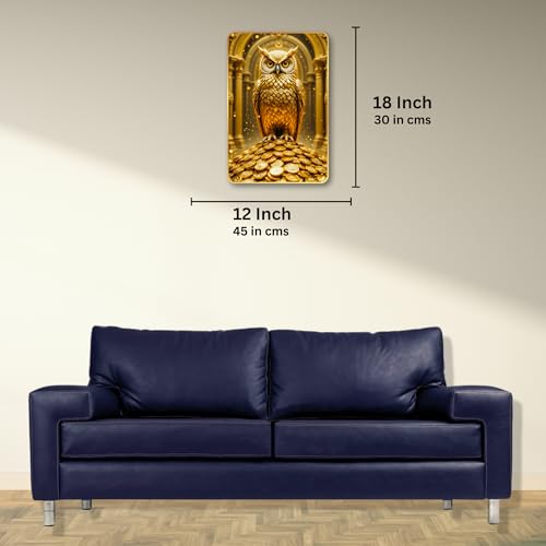 Image of Arkasto Golden Owl Sitting on Coins | Vastu Painting for Wealth & Prosperity | Golden Decorative Owl Wall Decor for Home & Office (Style-03, 12x18 inch)