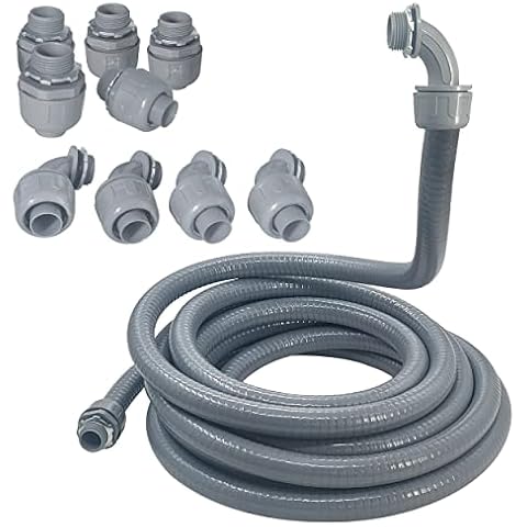 50 Foot Liquid-Tight Conduit Kit - 1/2inch Flexible Non Metallic Liquid Tight Electrical Conduit and 6 Straight and 5 Angle Fittings Included. 1/2" Dia Cover
