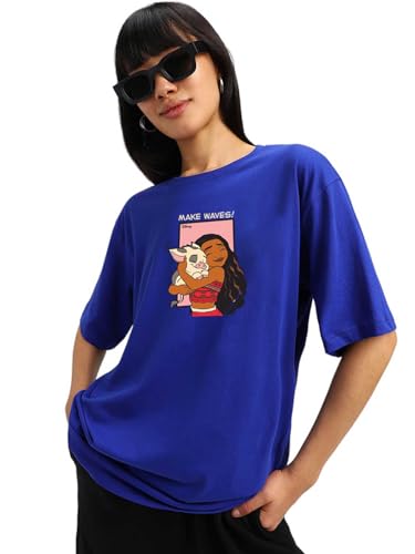 Image of JUNEBERRY 100% Pure Cotton Oversized Baggy Fit Official Disney Merchandise Cool & Goofy Graphic Printed T-Shirt for Women (Characters: Moana, Pooh & Lion King)
