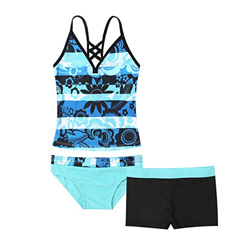 Daenrui Kids Big Girls 3 Pieces Bathing Suit Floral Printed Tankini Swimsuit Boyshort Swimwear Beachwear Blue 8