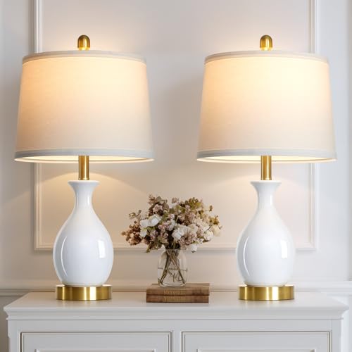 luxeflow 24" White Ceramic Table Lamps Set of 2 for Bedroom, Modern Classic Bedside Lamps for Nightstand, Small Table Lamp for Living Room Side Table (2 LED Bulbs Included)